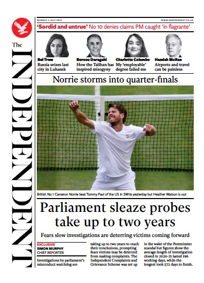 The Independent Newspaper Front Page (UK) for 4 July 2022