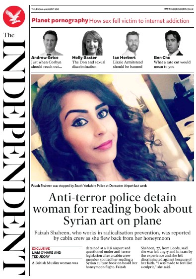 The Independent Newspaper Front Page (UK) for 4 August 2016