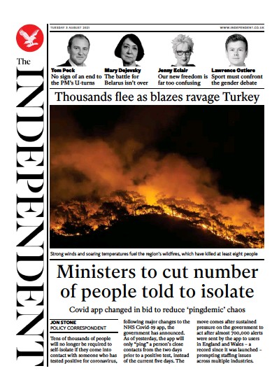 The Independent Newspaper Front Page (UK) for 4 August 2021