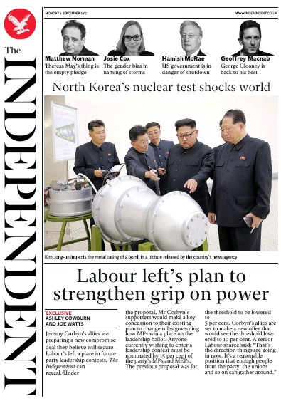 The Independent Newspaper Front Page (UK) for 4 September 2017