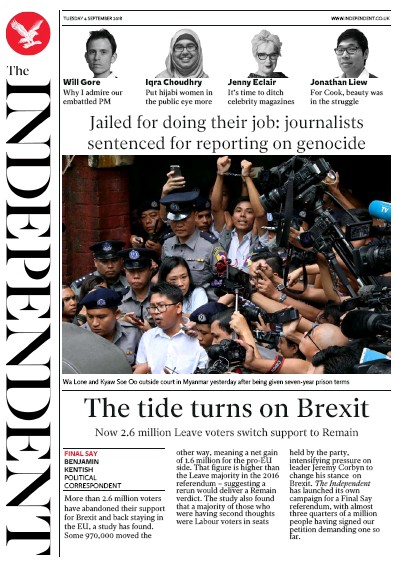 The Independent Newspaper Front Page (UK) for 4 September 2018
