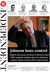 The Independent (UK) Newspaper Front Page for 4 September 2019