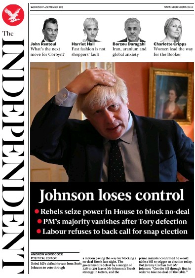 The Independent Newspaper Front Page (UK) for 4 September 2019