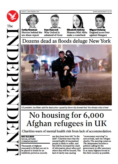 The Independent Newspaper Front Page (UK) for 4 September 2021