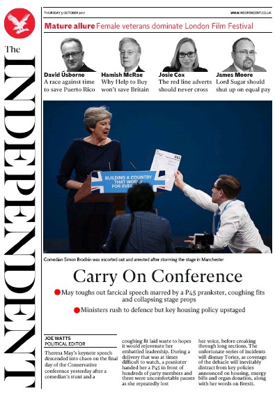 The Independent Newspaper Front Page (UK) for 5 October 2017