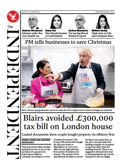 The Independent Newspaper Front Page (UK) for 5 October 2021