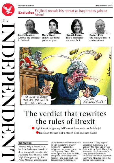 The Independent Newspaper Front Page (UK) for 5 November 2016