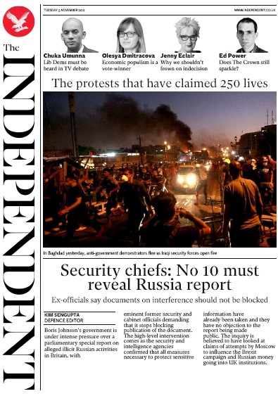 The Independent Newspaper Front Page (UK) for 5 November 2019