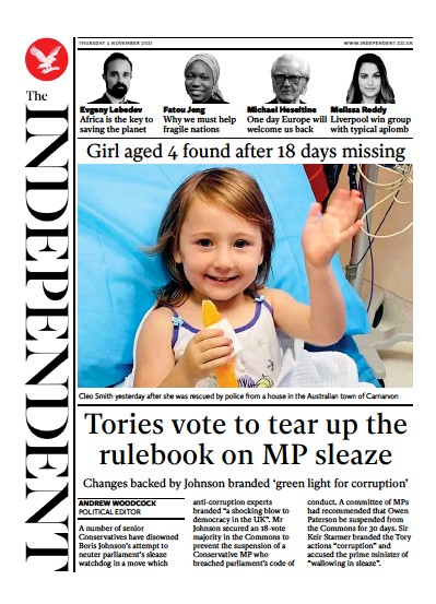 The Independent Newspaper Front Page (UK) for 5 November 2021