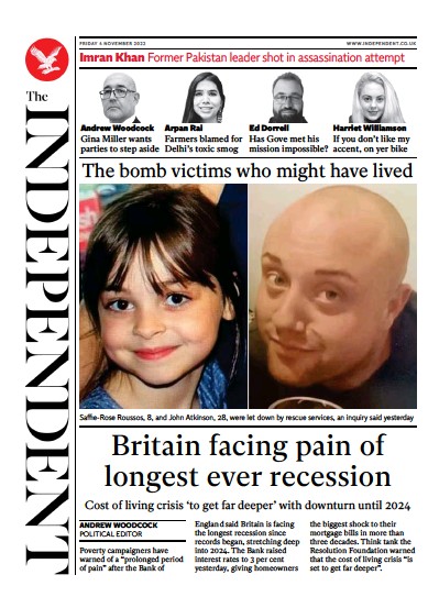 The Independent Newspaper Front Page (UK) for 5 November 2022