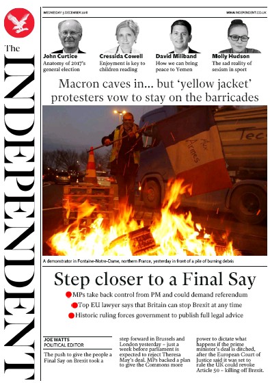 The Independent Newspaper Front Page (UK) for 5 December 2018