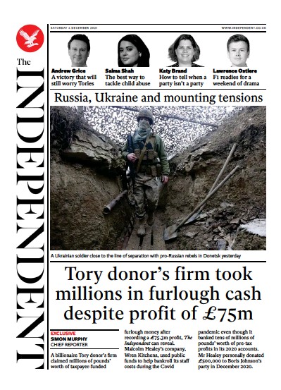 The Independent Newspaper Front Page (UK) for 5 December 2021