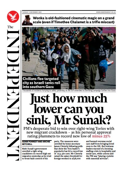 The Independent Newspaper Front Page (UK) for 5 December 2023