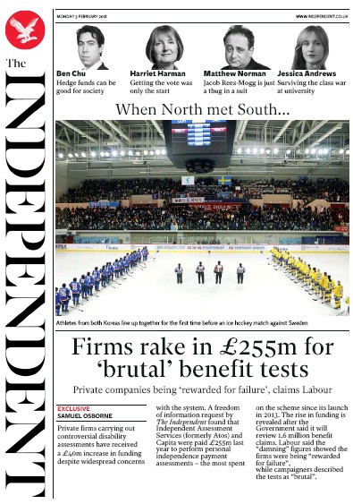 The Independent Newspaper Front Page (UK) for 5 February 2018