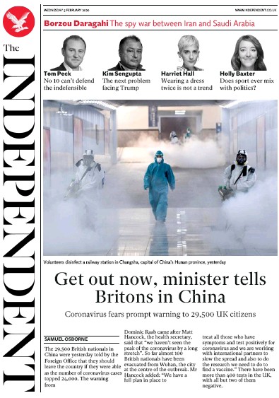 The Independent Newspaper Front Page (UK) for 5 February 2020