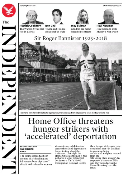 The Independent Newspaper Front Page (UK) for 5 March 2018