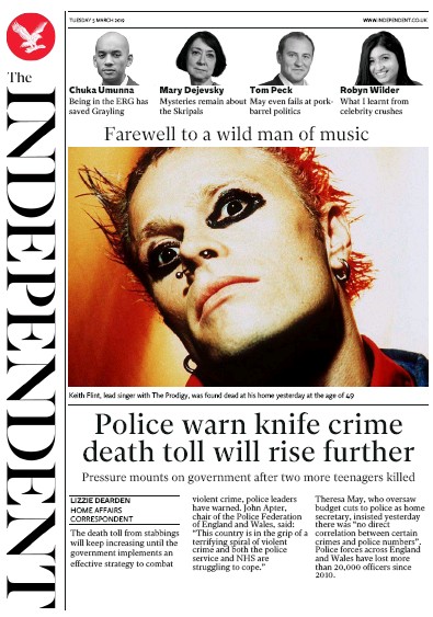 The Independent Newspaper Front Page (UK) for 5 March 2019