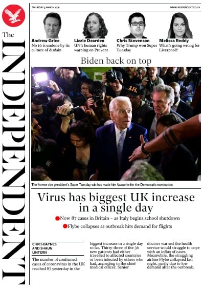 The Independent Newspaper Front Page (UK) for 5 March 2020