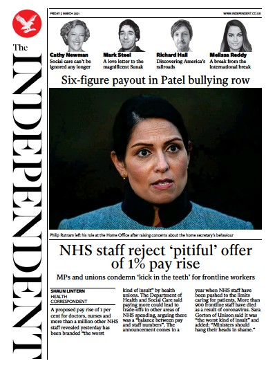 The Independent Newspaper Front Page (UK) for 5 March 2021