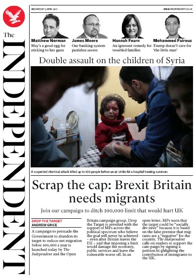 The Independent Newspaper Front Page (UK) for 5 April 2017