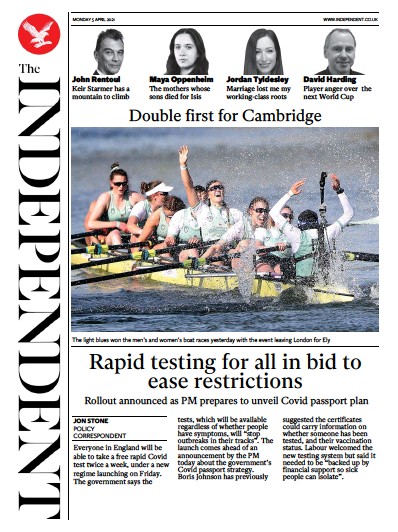 The Independent Newspaper Front Page (UK) for 5 April 2021