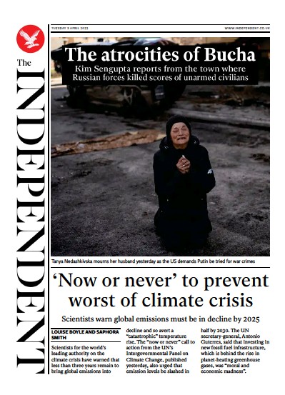 The Independent Newspaper Front Page (UK) for 5 April 2022