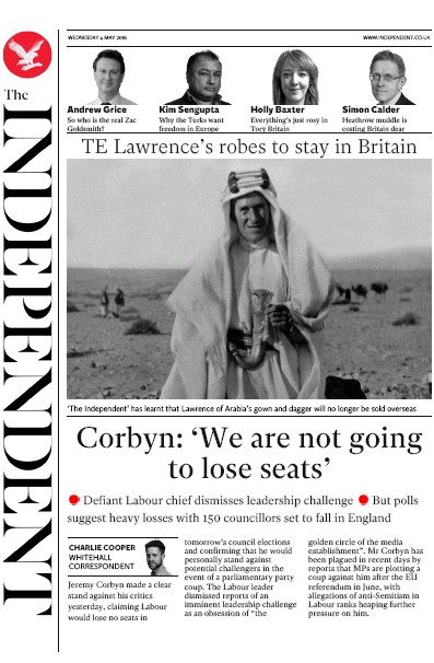 The Independent Newspaper Front Page (UK) for 5 May 2016