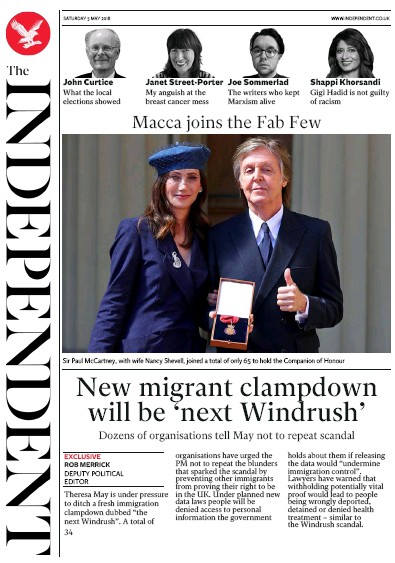 The Independent Newspaper Front Page (UK) for 5 May 2018