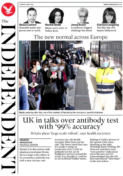 The Independent Newspaper Front Page (UK) for 5 May 2020