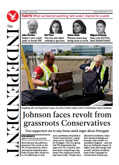 The Independent Newspaper Front Page (UK) for 5 May 2022
