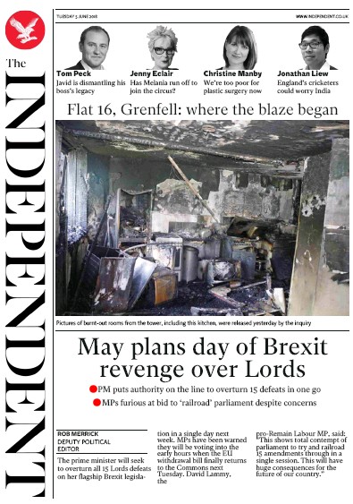 The Independent Newspaper Front Page (UK) for 5 June 2018