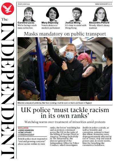 The Independent Newspaper Front Page (UK) for 5 June 2020
