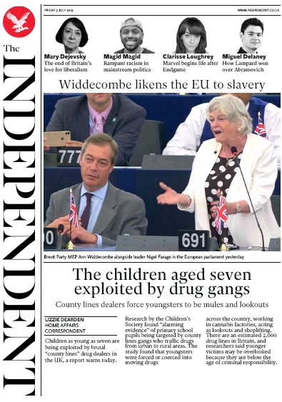 The Independent Newspaper Front Page (UK) for 5 July 2019