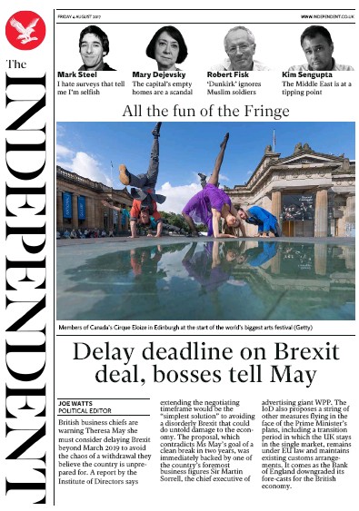The Independent Newspaper Front Page (UK) for 5 August 2017
