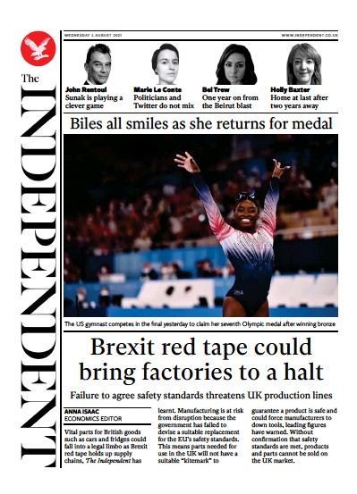 The Independent Newspaper Front Page (UK) for 5 August 2021