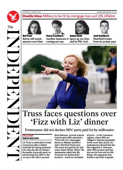 The Independent Newspaper Front Page (UK) for 5 August 2022