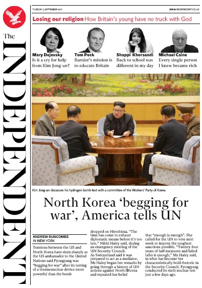 The Independent Newspaper Front Page (UK) for 5 September 2017
