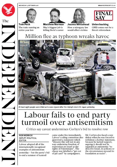 The Independent Newspaper Front Page (UK) for 5 September 2018