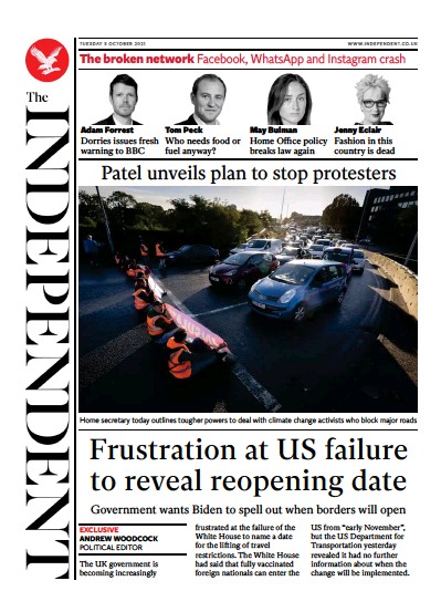 The Independent Newspaper Front Page (UK) for 6 October 2021