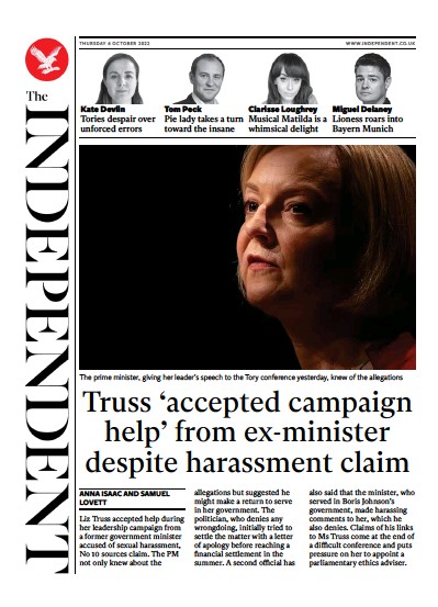 The Independent Newspaper Front Page (UK) for 6 October 2022
