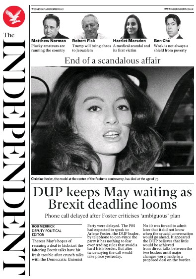 The Independent Newspaper Front Page (UK) for 6 December 2017