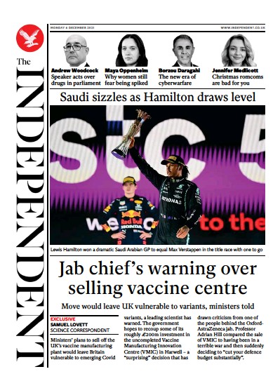 The Independent Newspaper Front Page (UK) for 6 December 2021