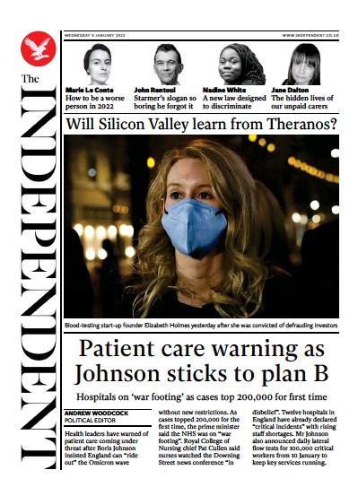 The Independent Newspaper Front Page (UK) for 6 January 2022