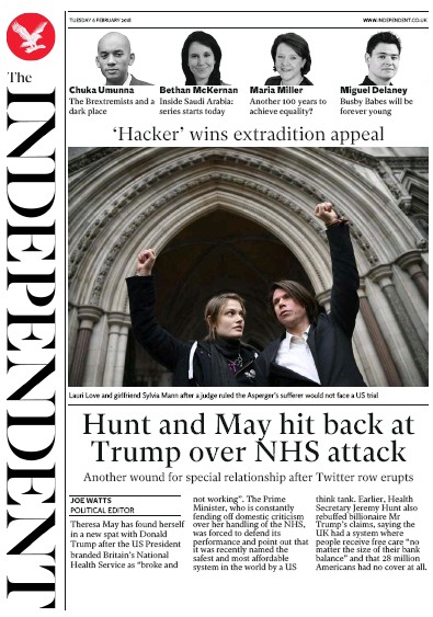 The Independent Newspaper Front Page (UK) for 6 February 2018