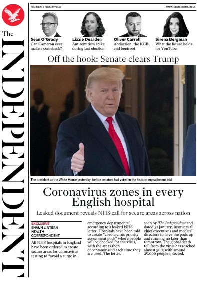 The Independent Newspaper Front Page (UK) for 6 February 2020