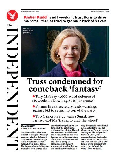 The Independent Newspaper Front Page (UK) for 6 February 2023