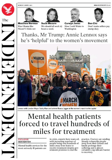 The Independent Newspaper Front Page (UK) for 6 March 2017