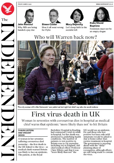 The Independent Newspaper Front Page (UK) for 6 March 2020