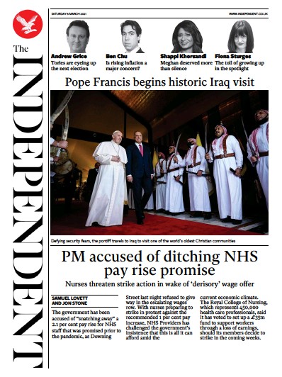 The Independent Newspaper Front Page (UK) for 6 March 2021