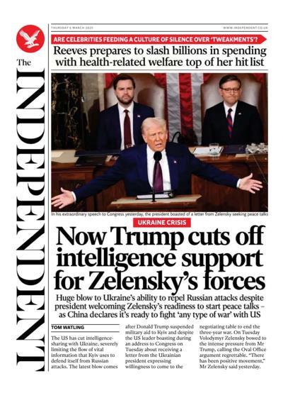 The Independent Newspaper Front Page (UK) for 6 March 2025